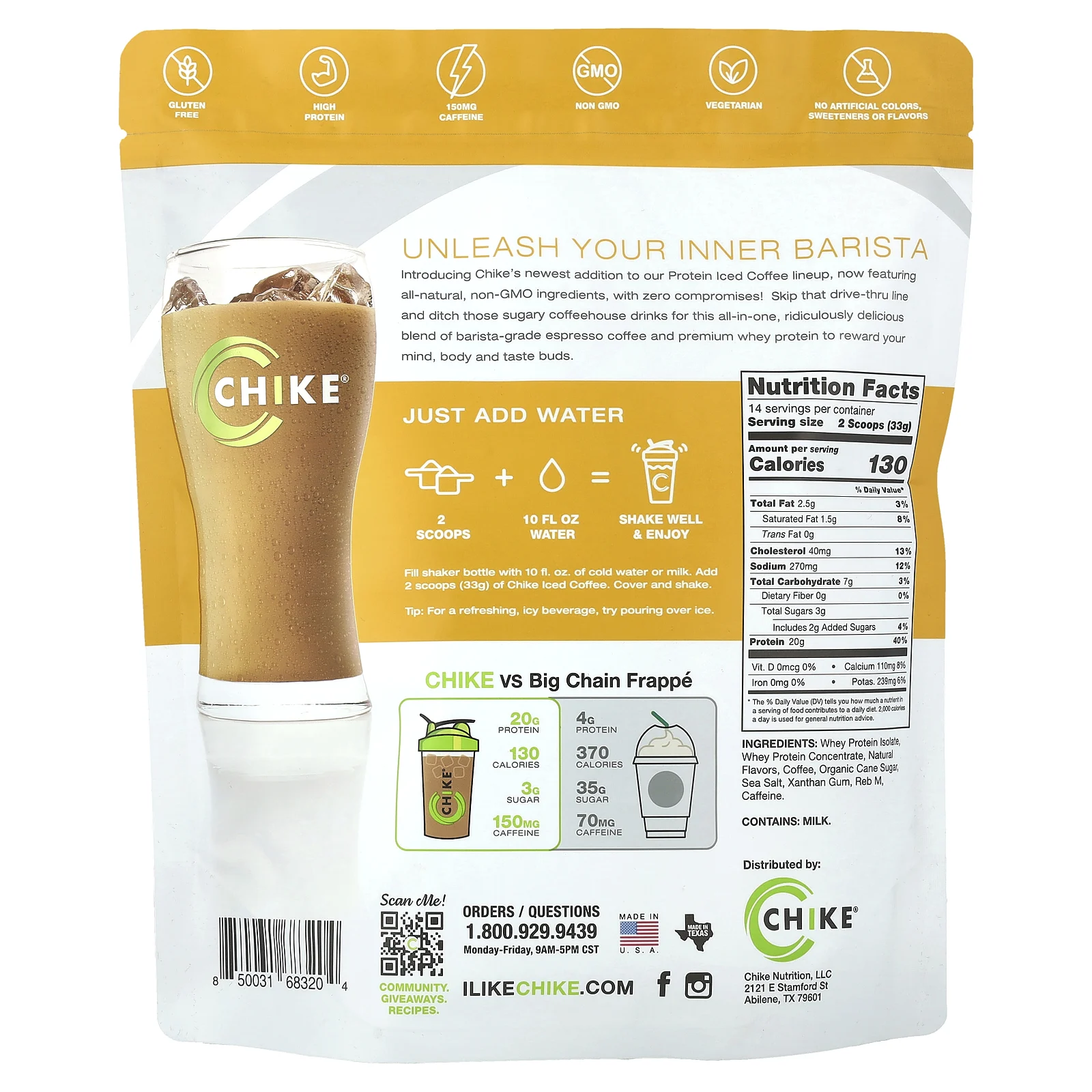 Chike Nutrition, Протеиновый кофе со льдом, ванильный латте, 462 г (16,3 унции)