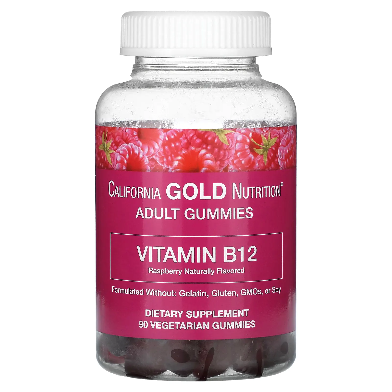 California Gold Nutrition, Жевательные мармеладки с витамином B12, натуральная малина, без желатина, 3000 мкг, 90 жевательных таблеток (1500 мкг в жевательной мармеладке)