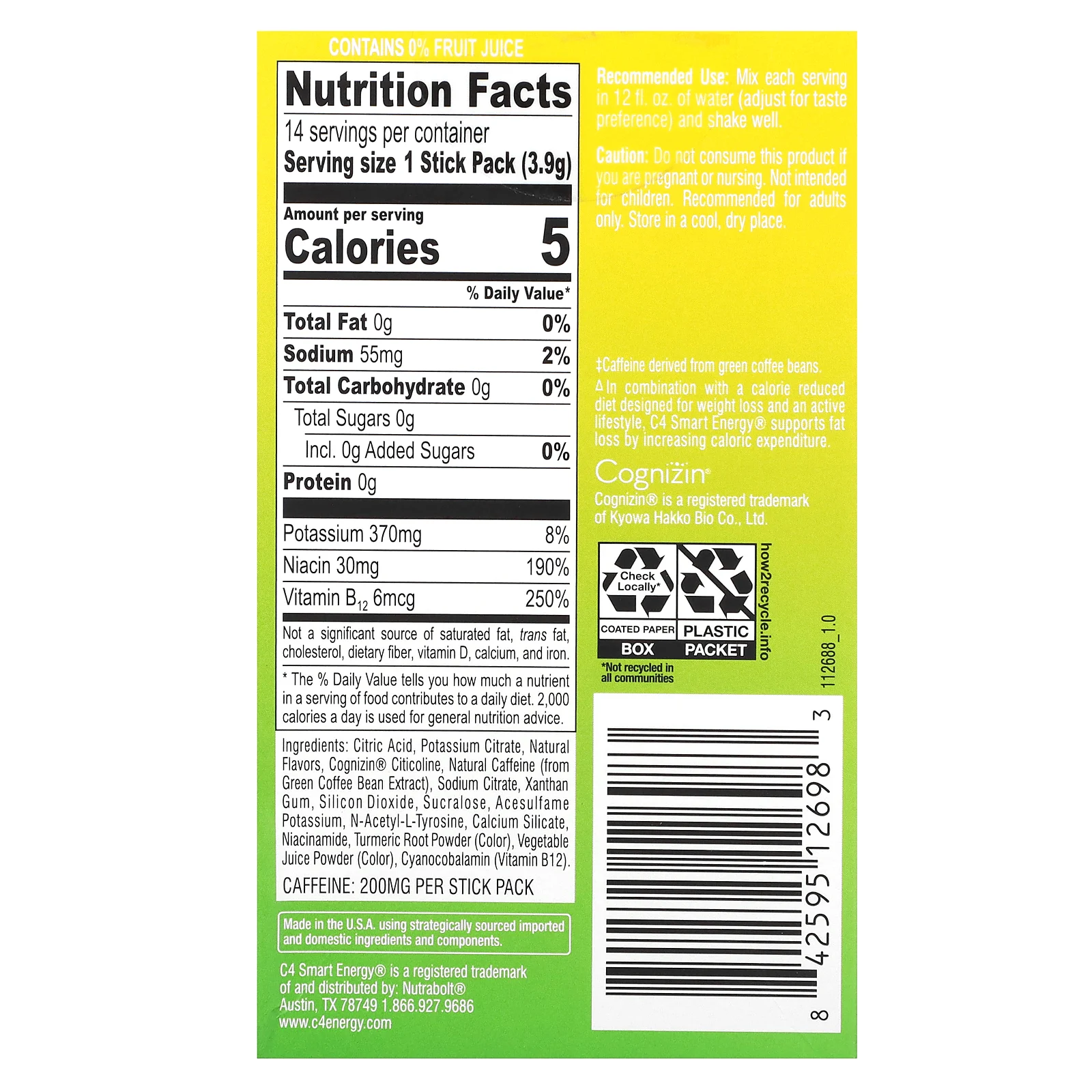 Cellucor, C4 Smart Energy, смесь для приготовления энергетического напитка, со вкусом юдзу и лайма, 14 стик-пакетов по 3,9 г (0,14 унции)