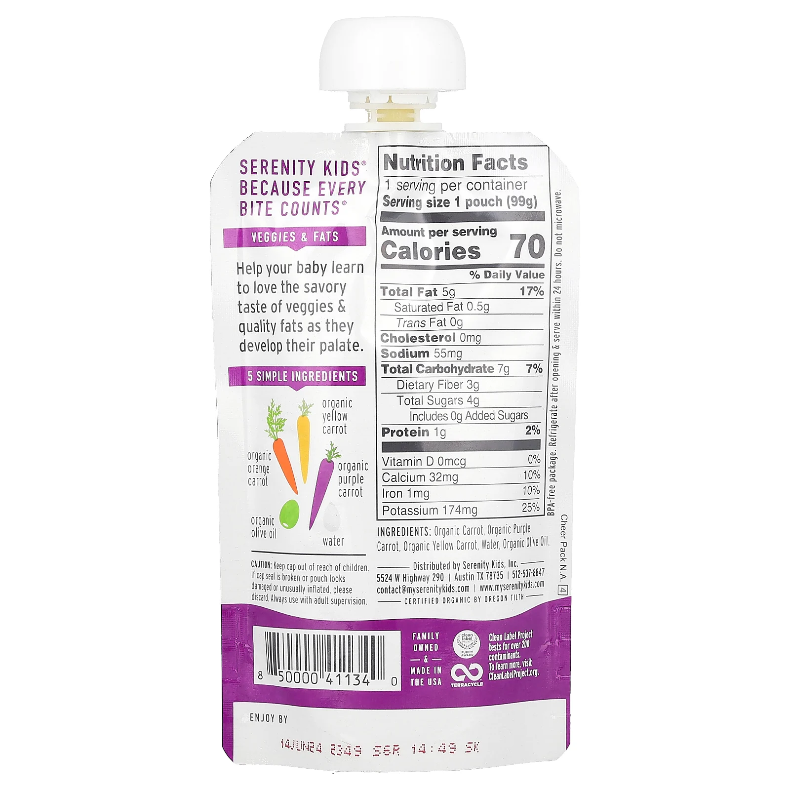 Serenity Kids, органическая морковь, для детей от 6 месяцев, оранжевая, фиолетовая и желтая морковь с оливковым маслом, 99 г (3,5 унции)