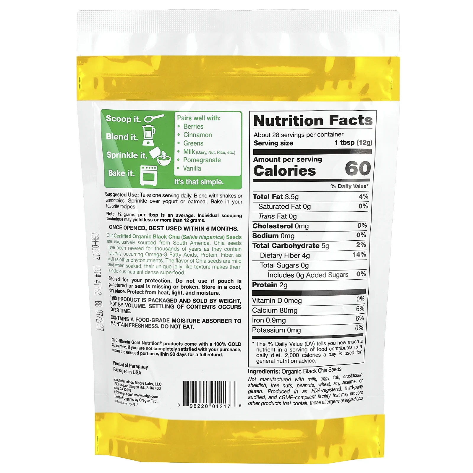 California Gold Nutrition, Superfoods, органические семена чиа, 12 унций (340 г)