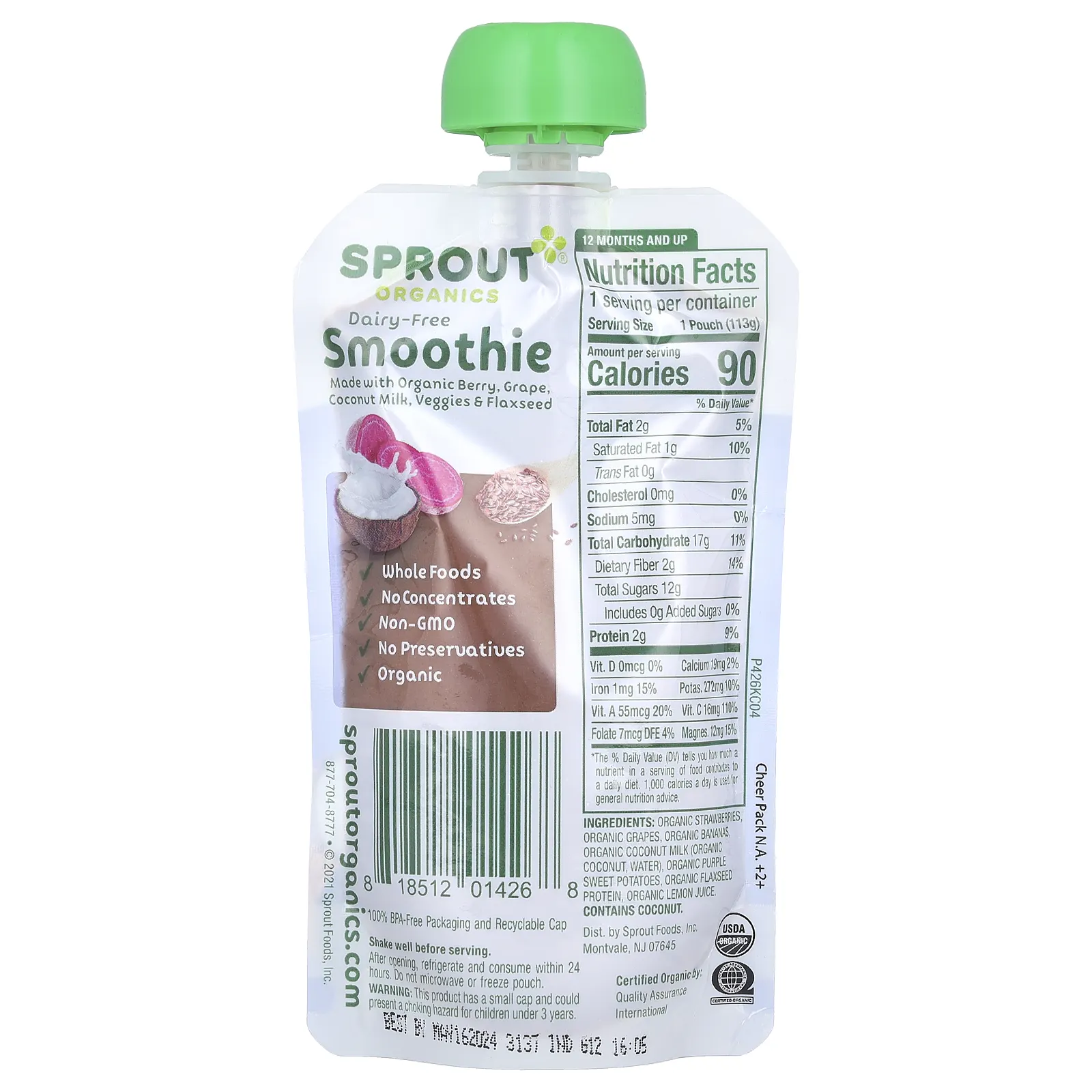 Sprout Organics, детское питание, безмолочный смузи, от 12 месяцев, ягоды, виноград, кокосовое молоко, овощи и семена льна, 113 г (4 унции)