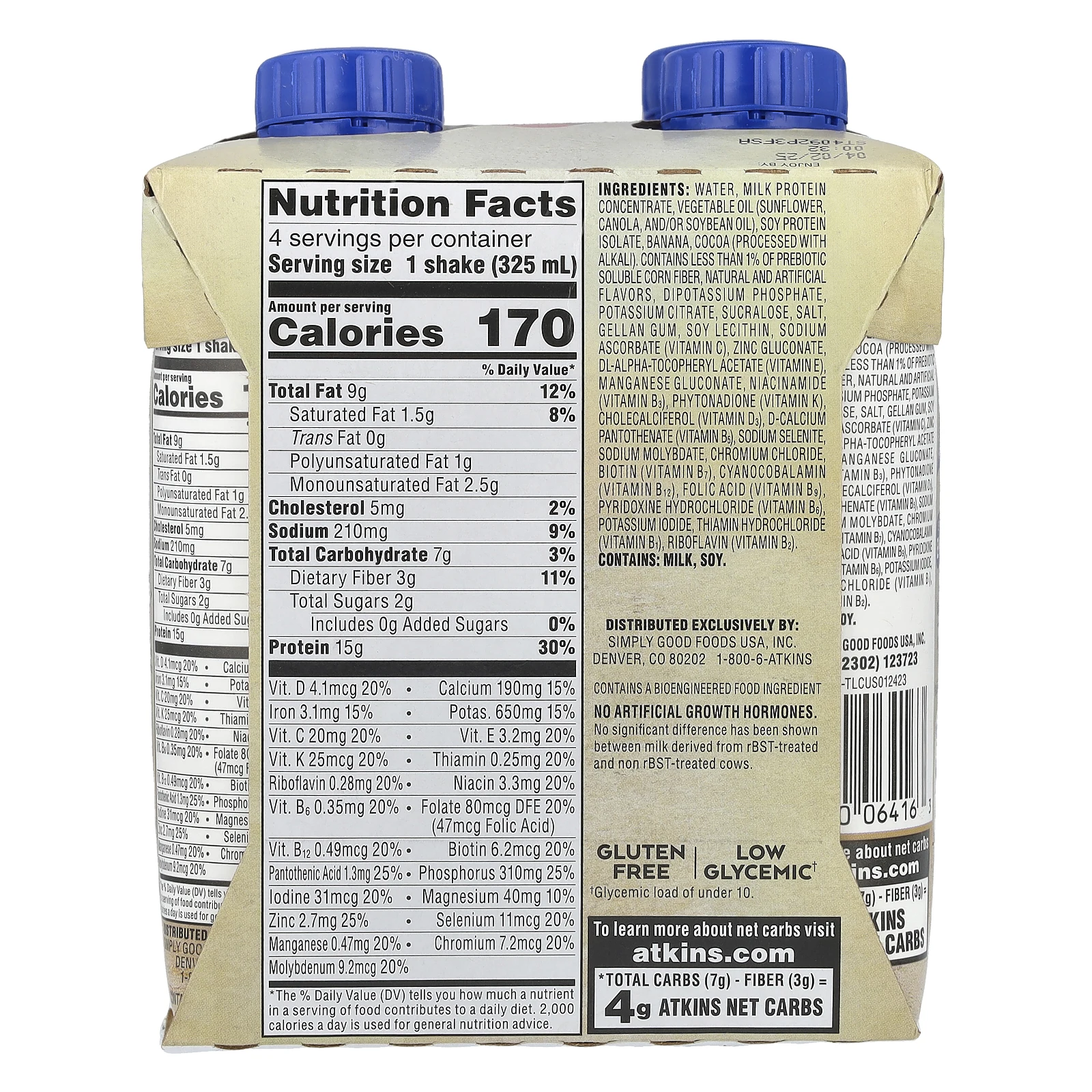 Atkins, Насыщенный протеином коктейль, шоколад и банан, 4 коктейля, 325 мл (11 жидк. Унций)