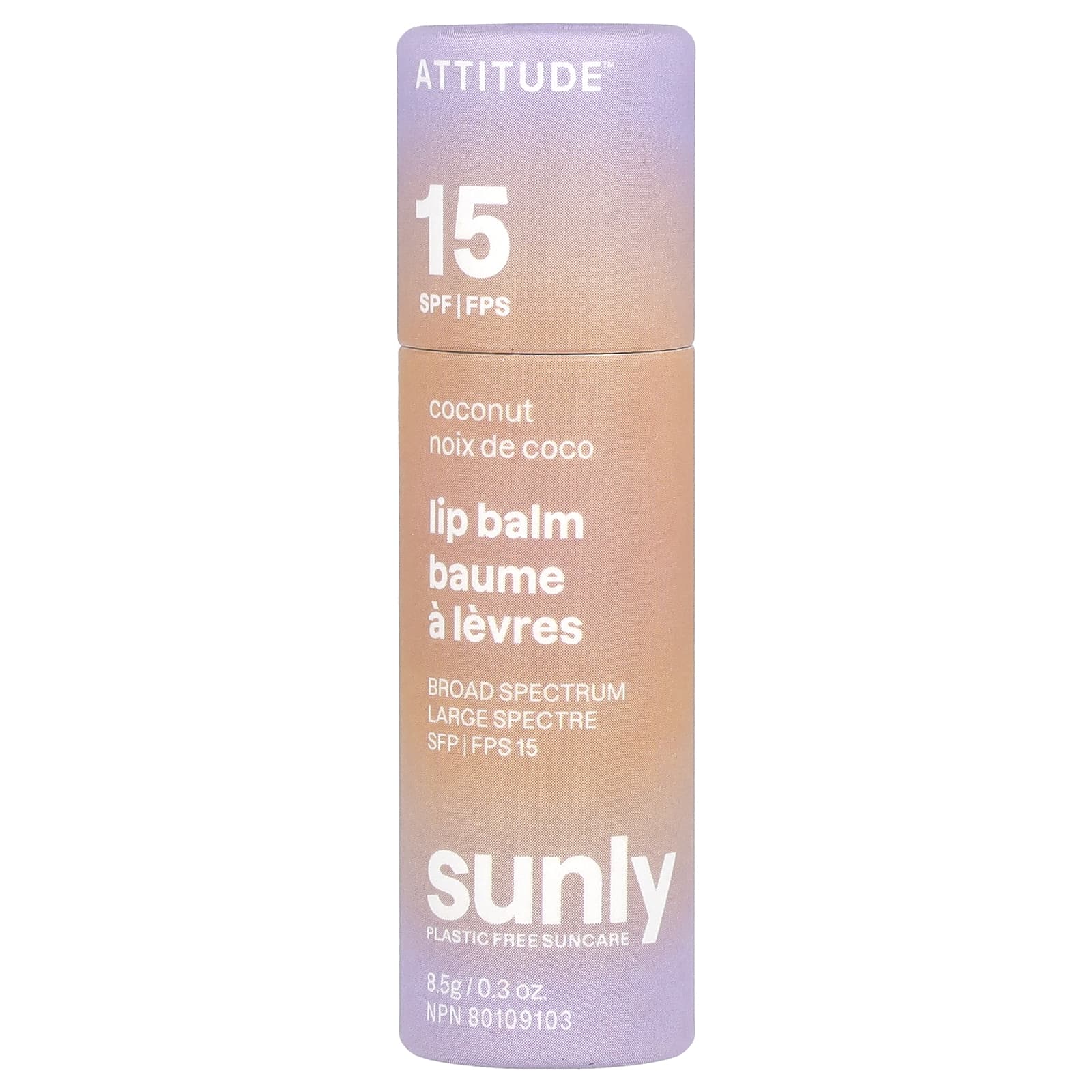 ATTITUDE, Бальзам для губ, SPF 15, кокос, 8,5 г (0,3 унции)