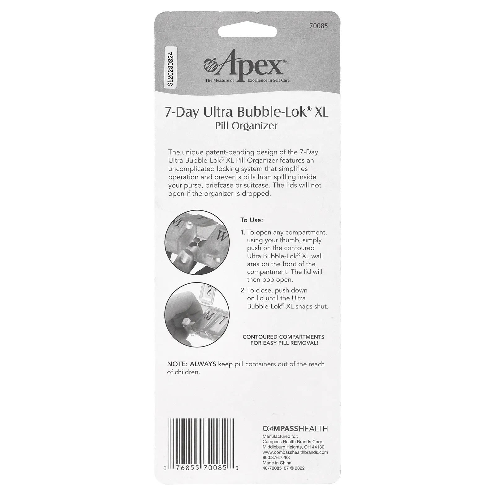 Apex, 7-дневный органайзер для таблеток Ultra Bubble-Lok, XL, 1 таблетница