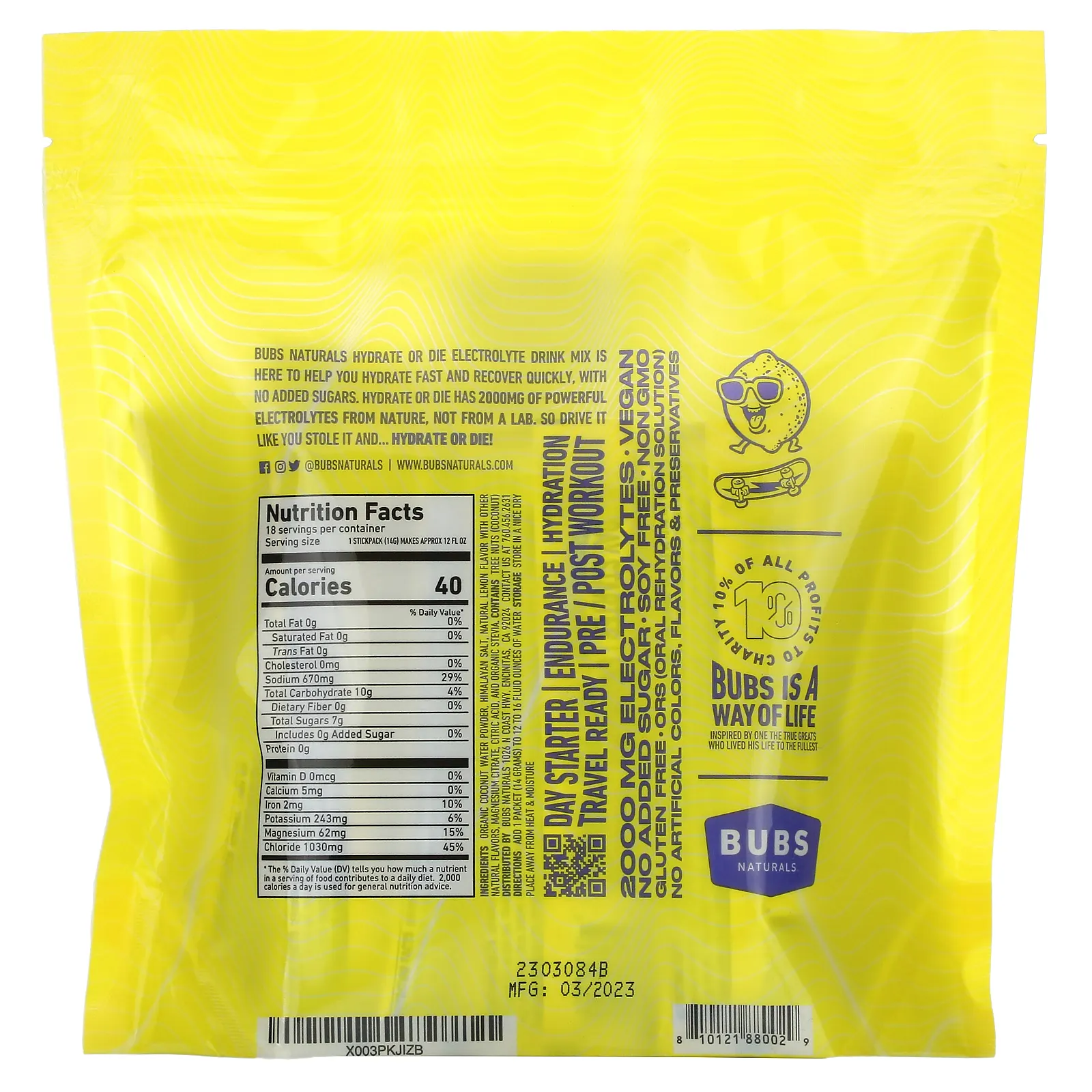 BUBS Naturals, Hydrate or Die, смесь для приготовления электролитов, лимон, 18 палочек по 14 г (0,4 унции)