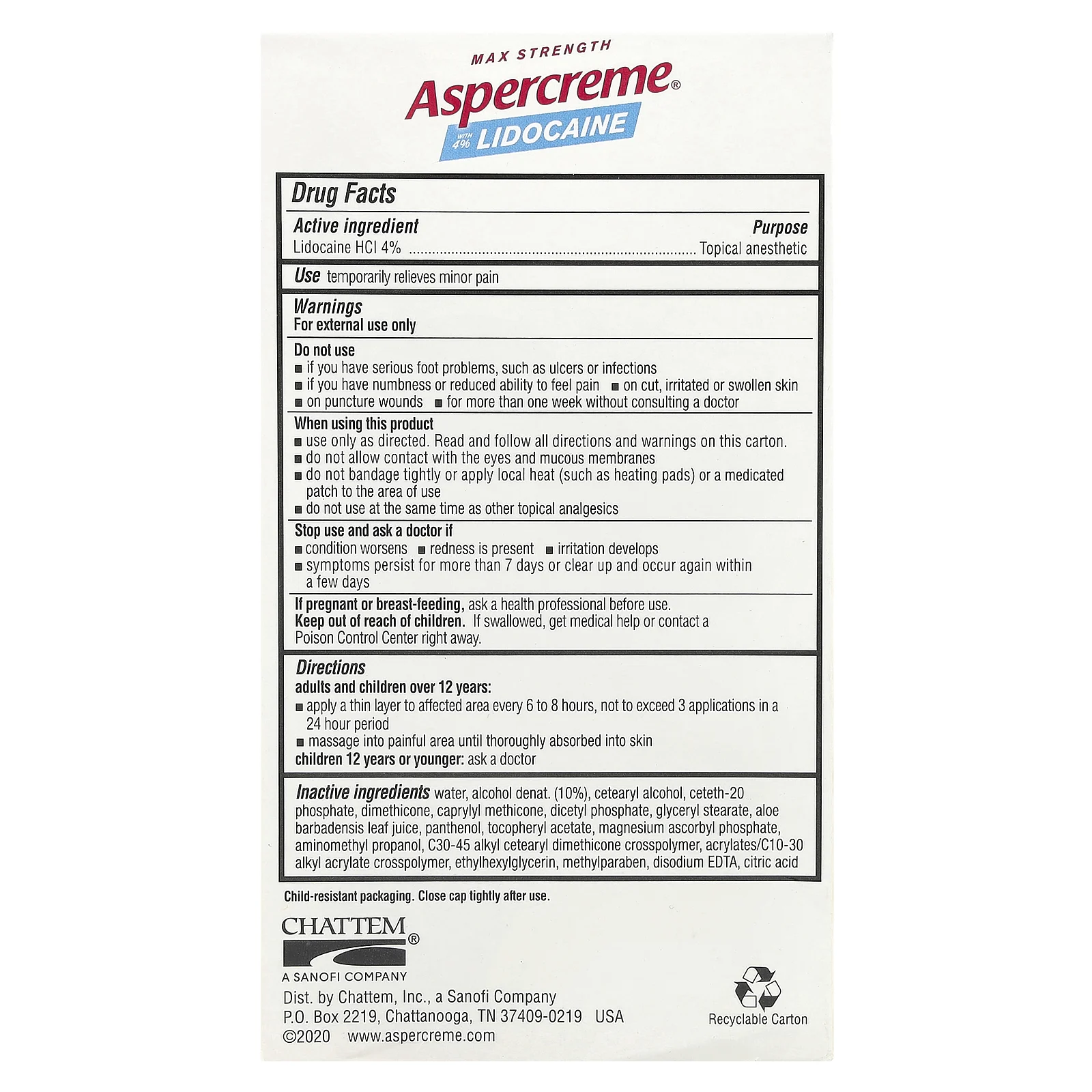 Aspercreme, Обезболивающий крем для ног с 4% лидокаином, максимальная сила действия, без отдушек, 113 г (4 унции)