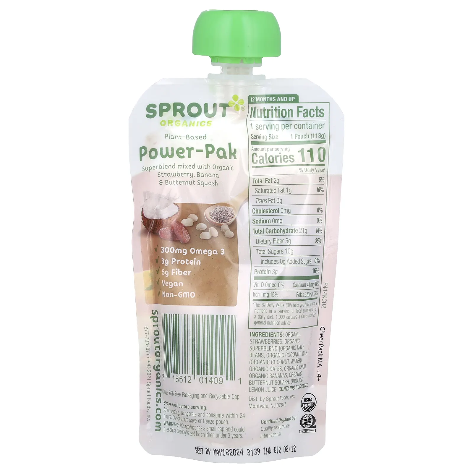 Sprout Organics, Plant-Based Power Pak, комплекс для детей от 12 месяцев, органическая клубника, банан и мускатная тыква, 113 г (4 унции)