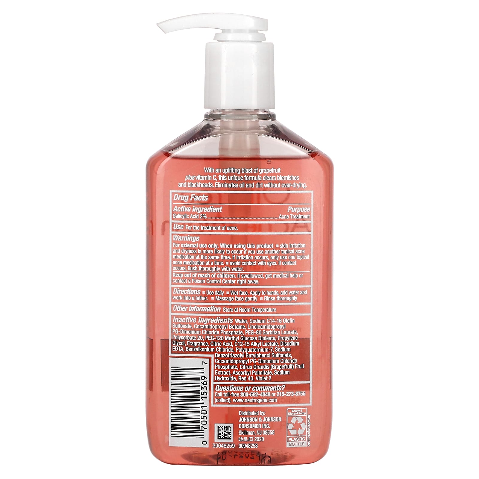 Neutrogena, средство для умывания без масла от угревой сыпи, очищающее средство для лица с розовым грейпфрутом, 269 мл (9.1 жидк. унции)