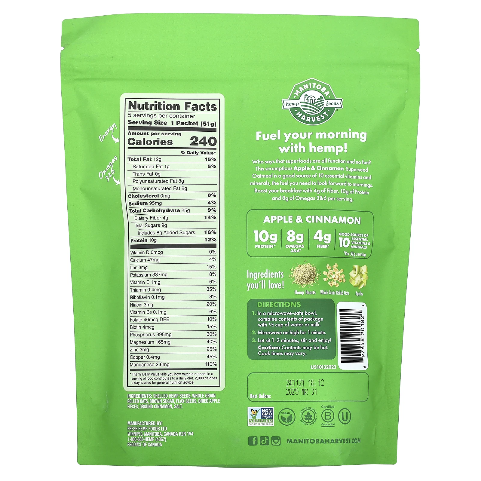 Manitoba Harvest, Овсянка быстрого приготовления, с яблоком и корицей, 5 пакетиков по 51 г (1,8 унции)