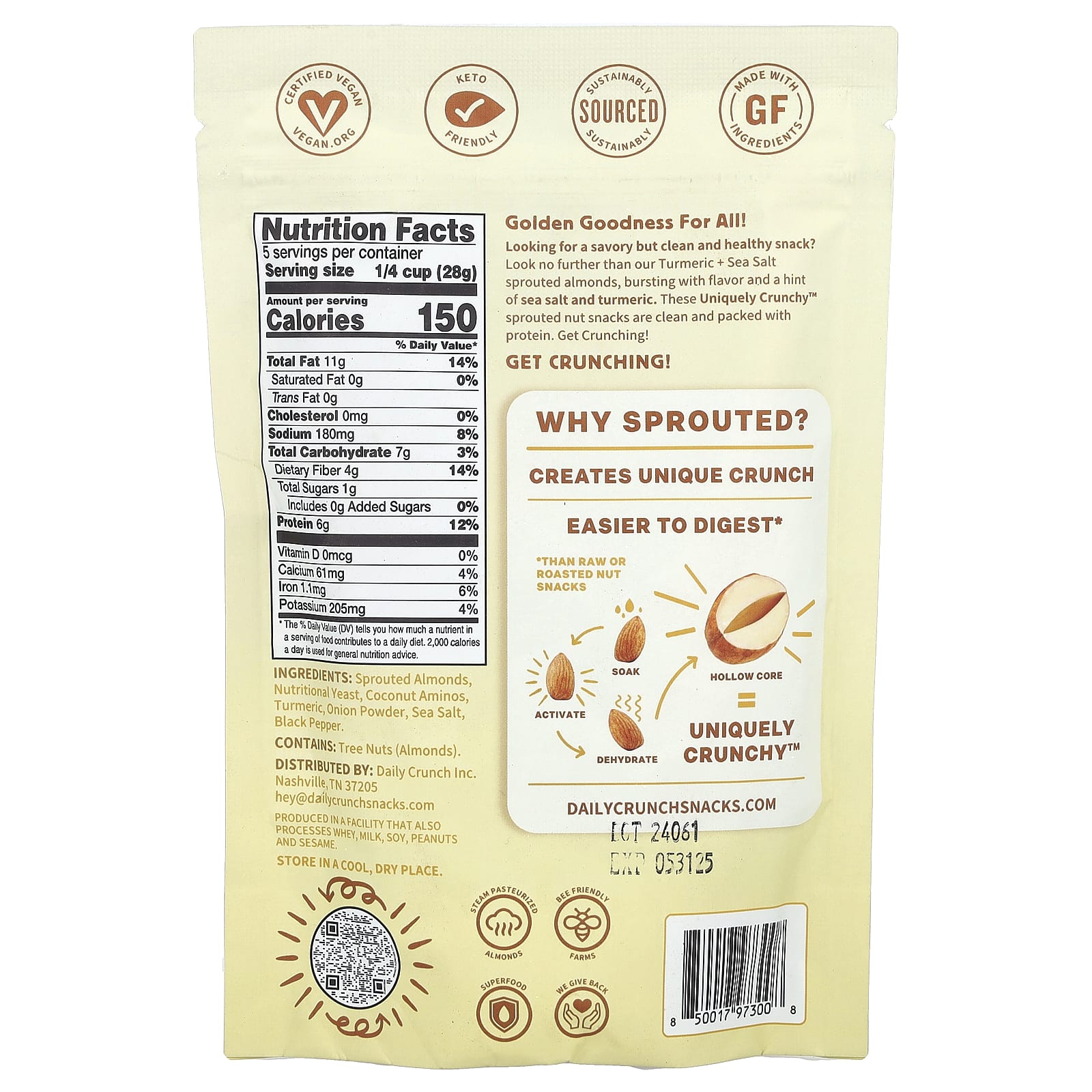 Daily Crunch, Проросший миндаль, куркума и морская соль, 141 г (5 унций)