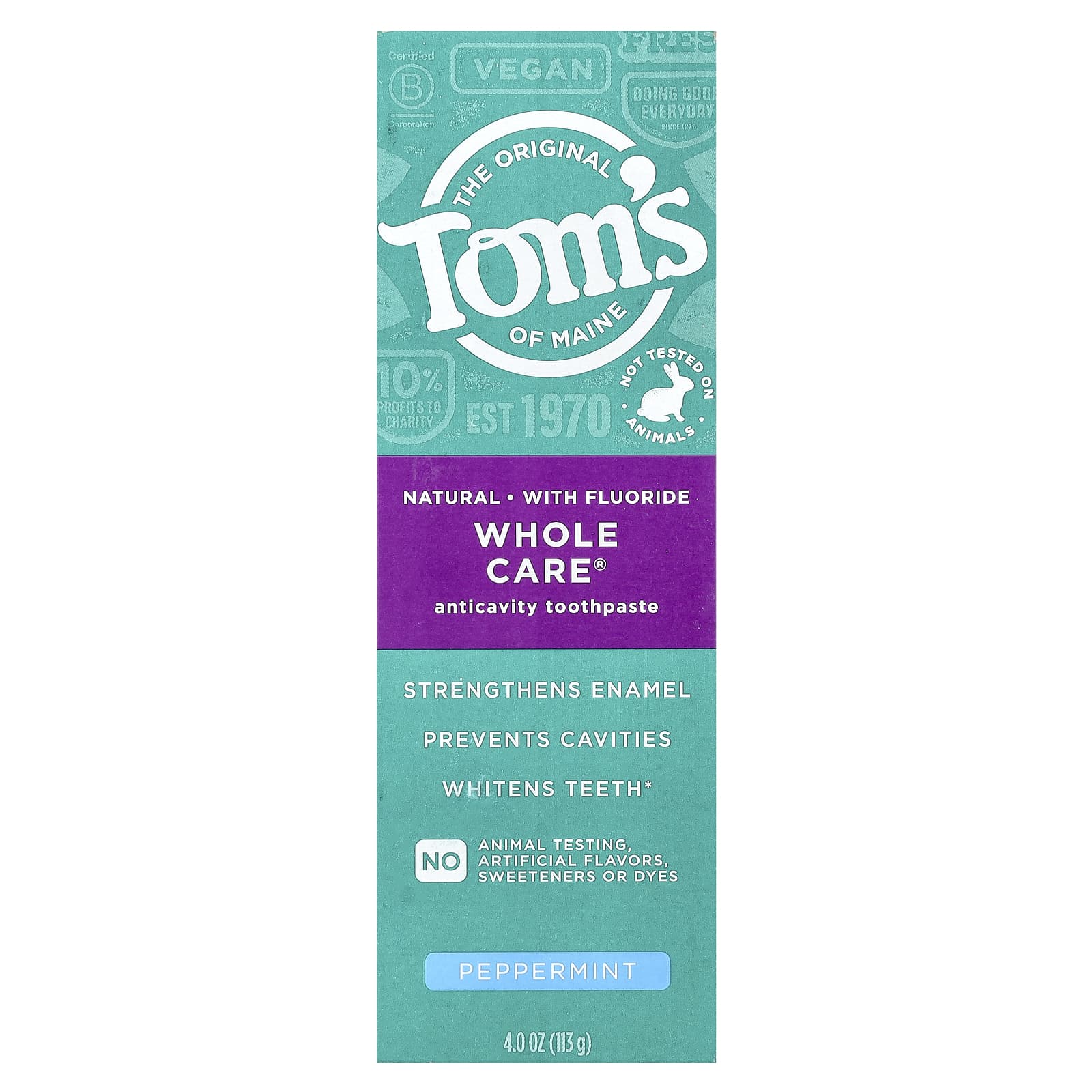 Tom's of Maine, Whole Care, Natural Anticavity Toothpaste with Fluoride, Peppermint, 4.0 oz (113 g)