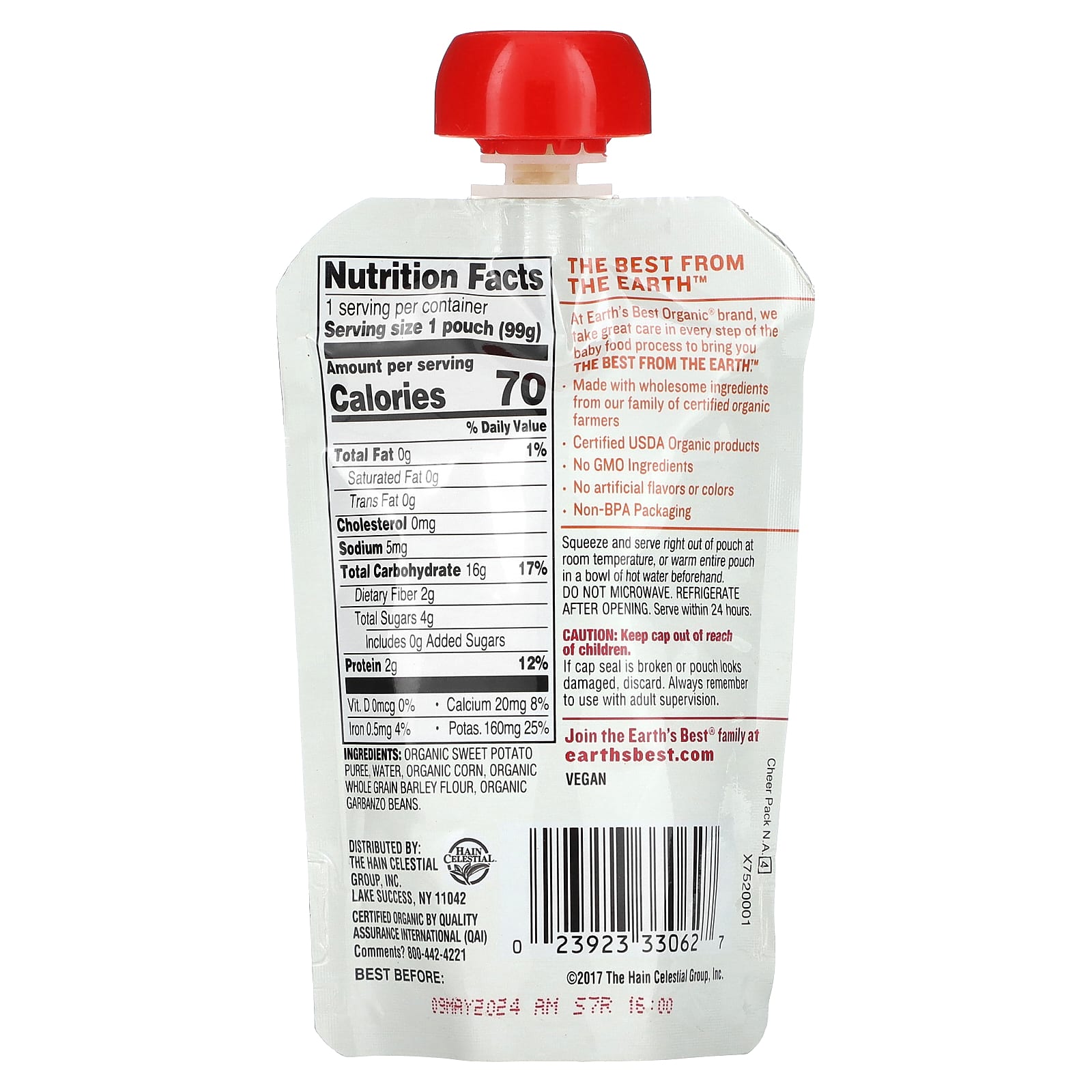 Earth's Best, органическое овощное и протеиновое пюре, для детей от 6 месяцев, батат, нут нут, ячмень, 99 г (3,5 унции)