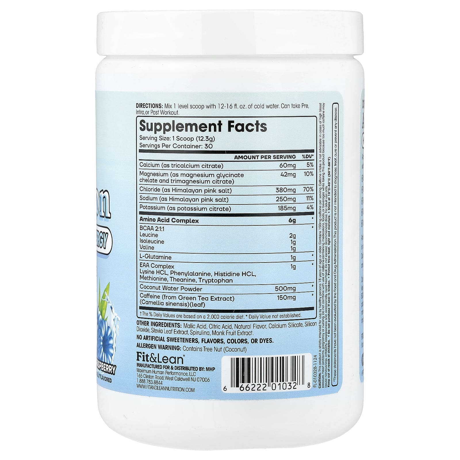 Fit & Lean, Amino Hydration + Energy, аминокислота, голубая малина, 369 г (13 унций)