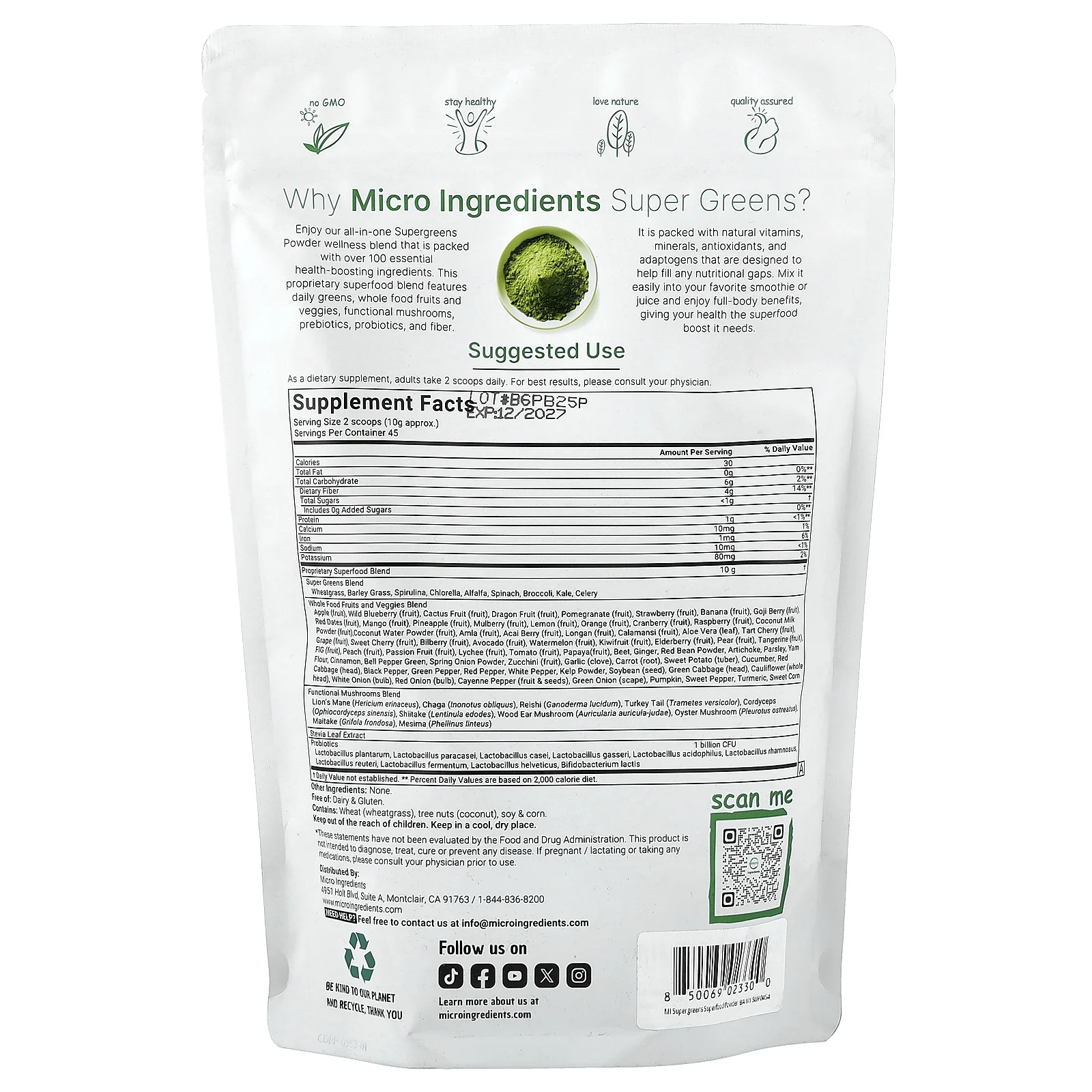 Micro Ingredients, Super Greens, суперфуды в порошке, оригинальный вкус, 454 г (1 фунт)