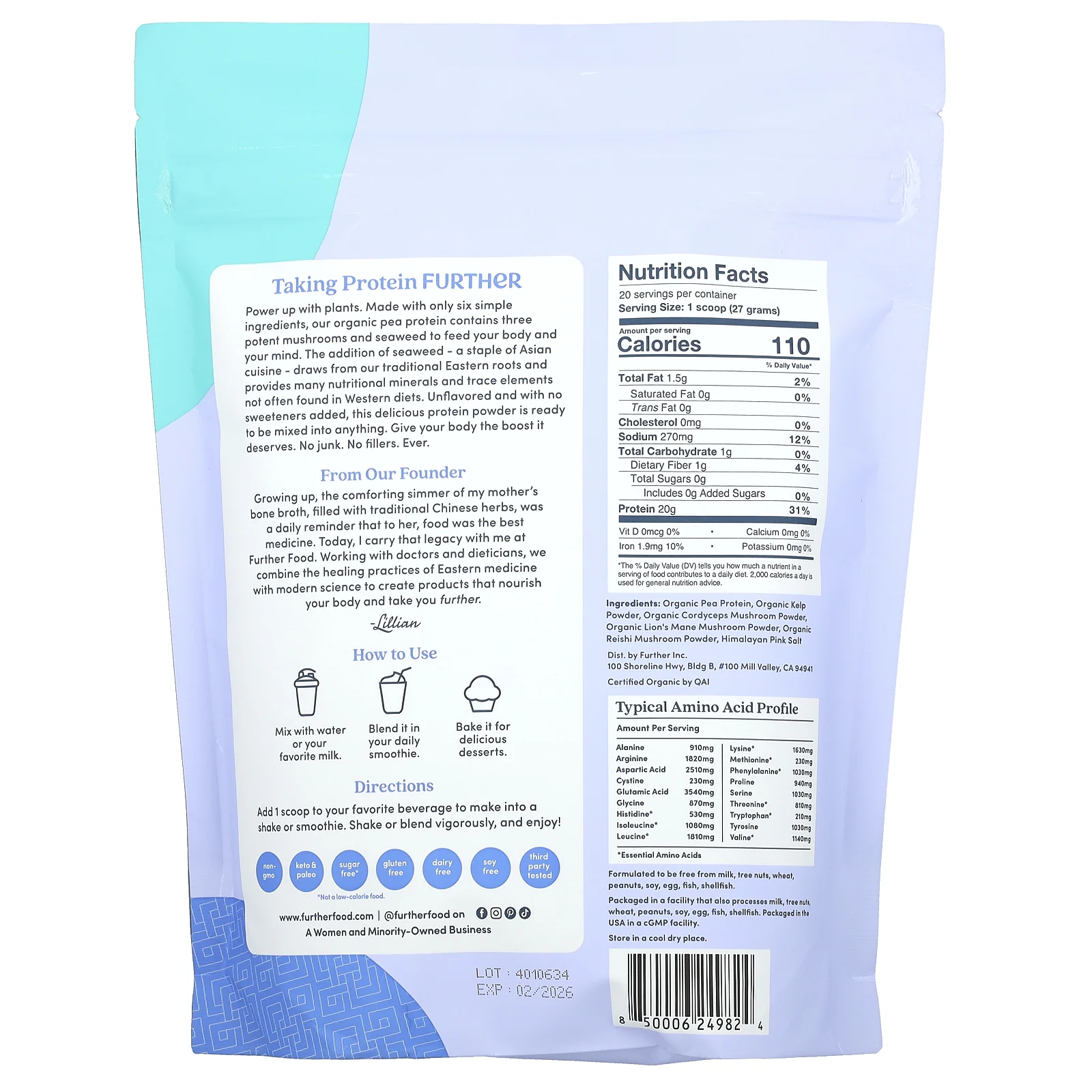 Further Food, Органический растительный протеин, грибы и водоросли, без добавок, 540 г (19,05 унции)