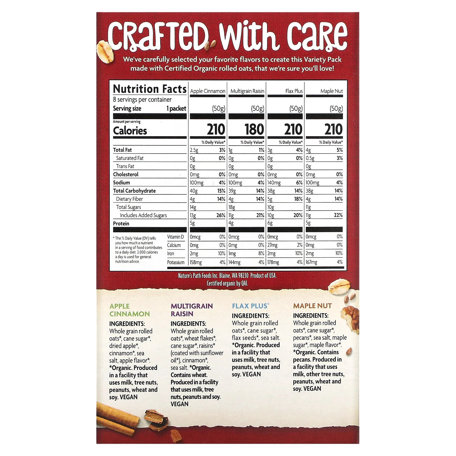 Nature's Path, Органическая овсянка быстрого приготовления, разнообразная упаковка, 8 пакетиков, 400 г (14 унций)