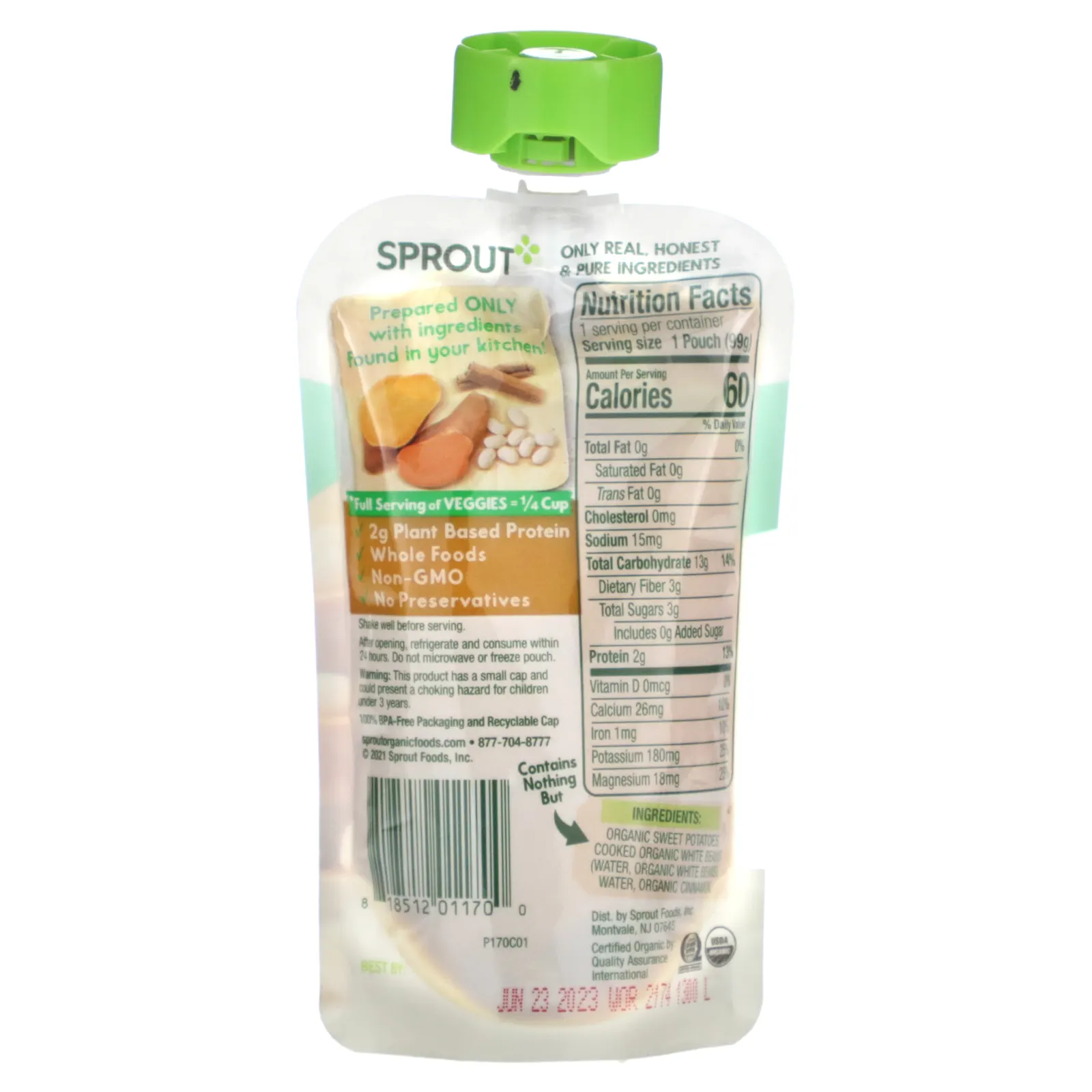 Sprout Organics, Детское питание, от 6 месяцев, белая фасоль из батата с корицей, 99 г (3,5 унции)