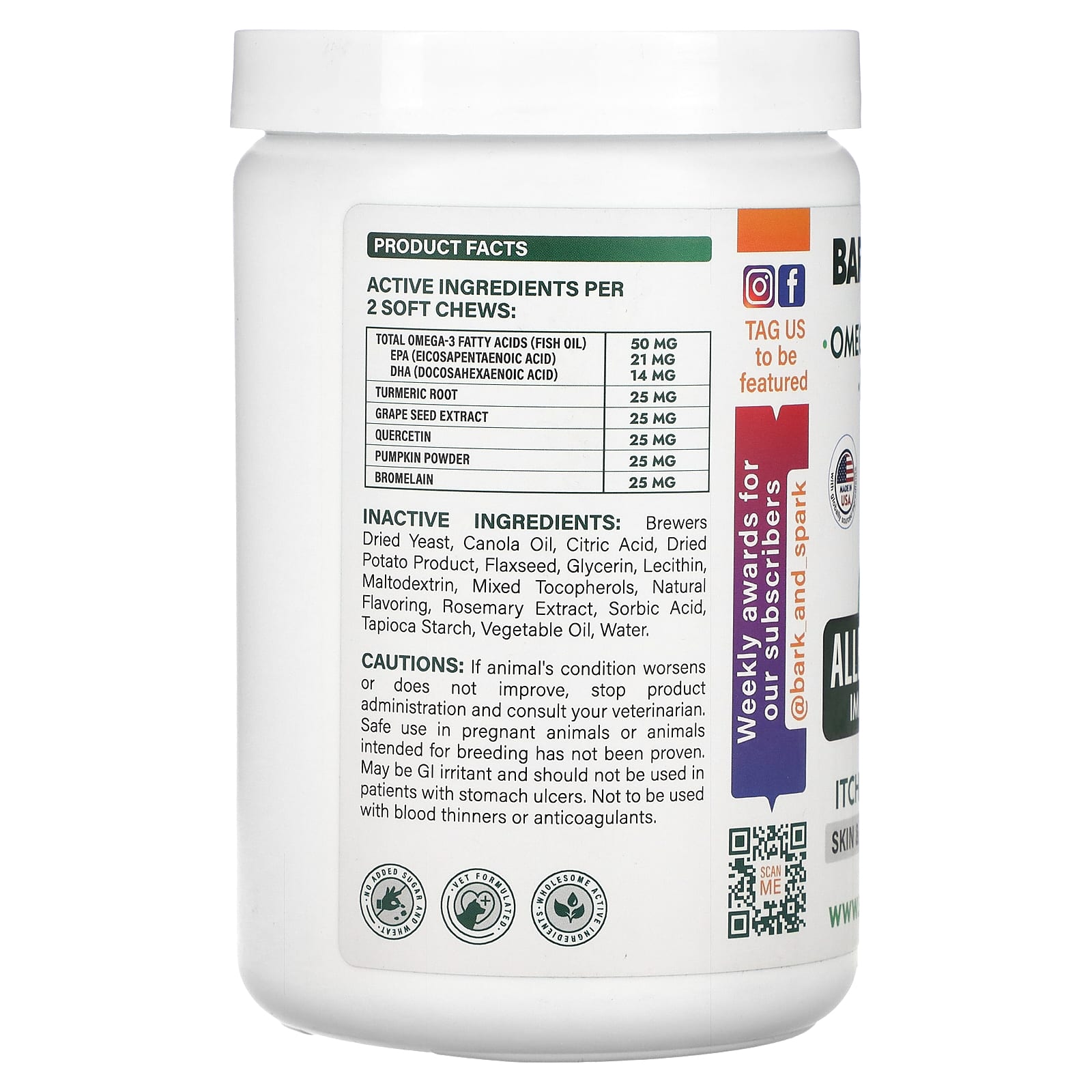 Bark&Spark, жевательная таблетка от аллергии и зуда, для собак, курица, 180 жевательных таблеток, 369 г (13,9 унции)