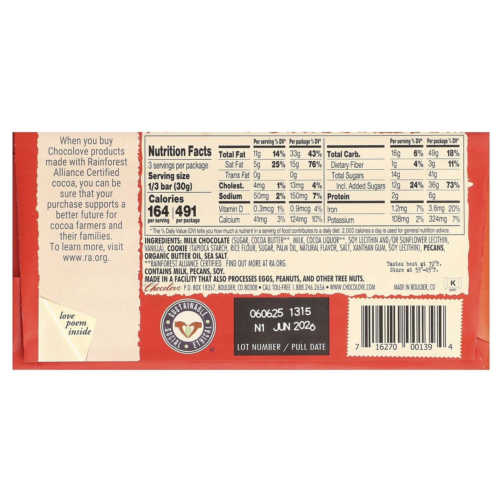 Chocolove, пекан, печенье и морская соль, в молочном шоколаде, 33% какао, 90 г (3,2 унции)